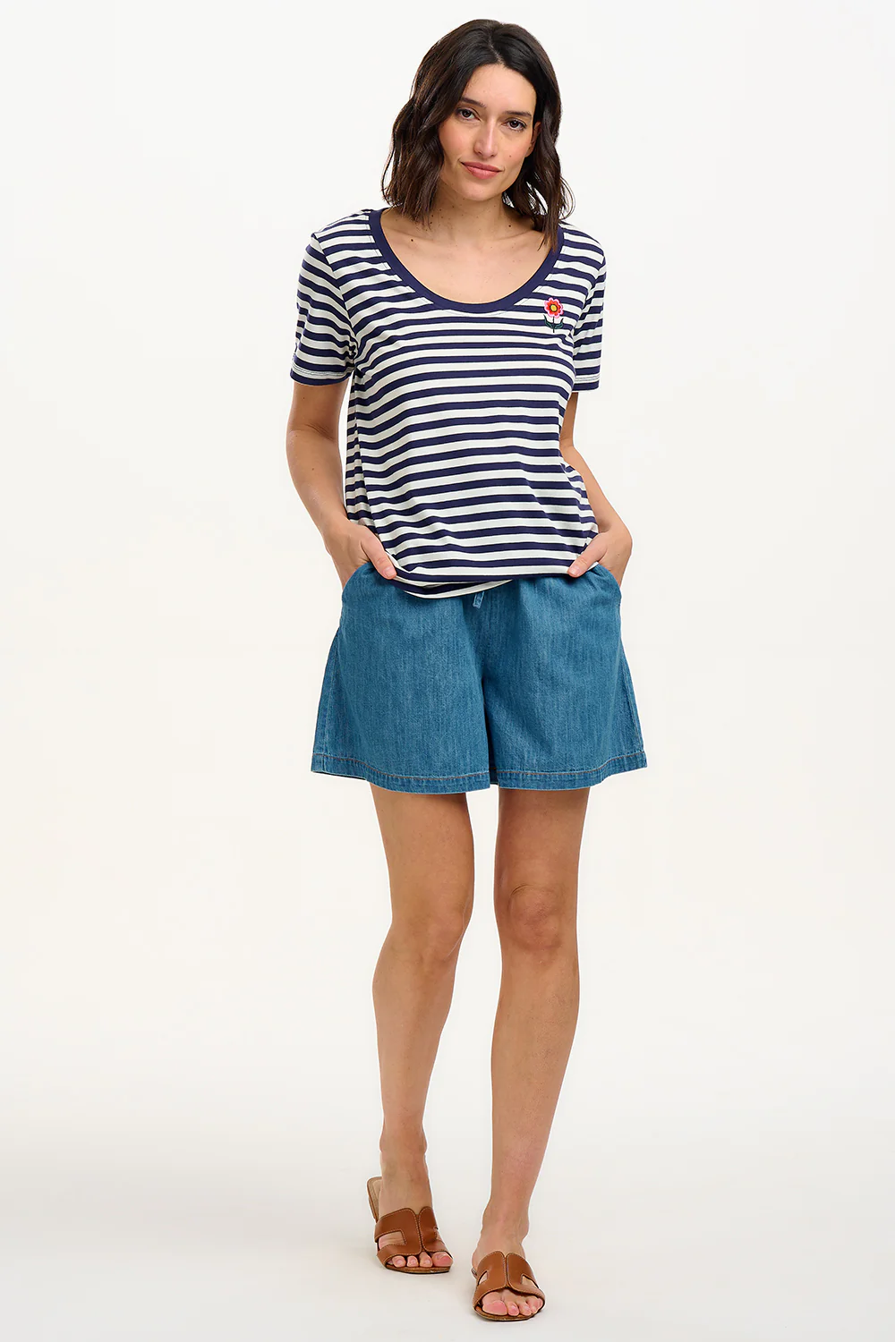 Sylvie Scoop Neck T-Shirt - White/Navy, Stripe & Folk Flower - Image 6