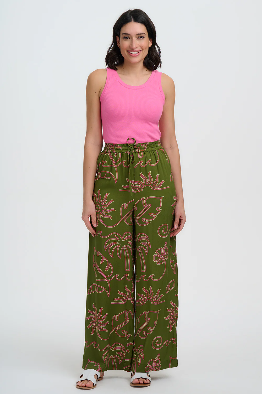 Trinny Wide Leg Trousers - Khaki, Tropical Line Drawing - Image 3