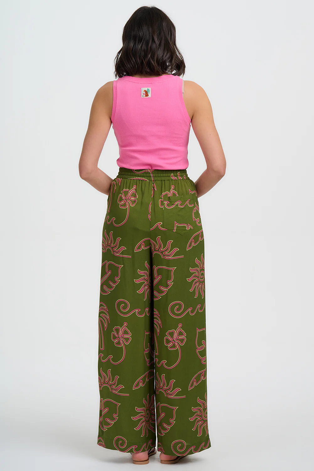 Trinny Wide Leg Trousers - Khaki, Tropical Line Drawing - Image 4