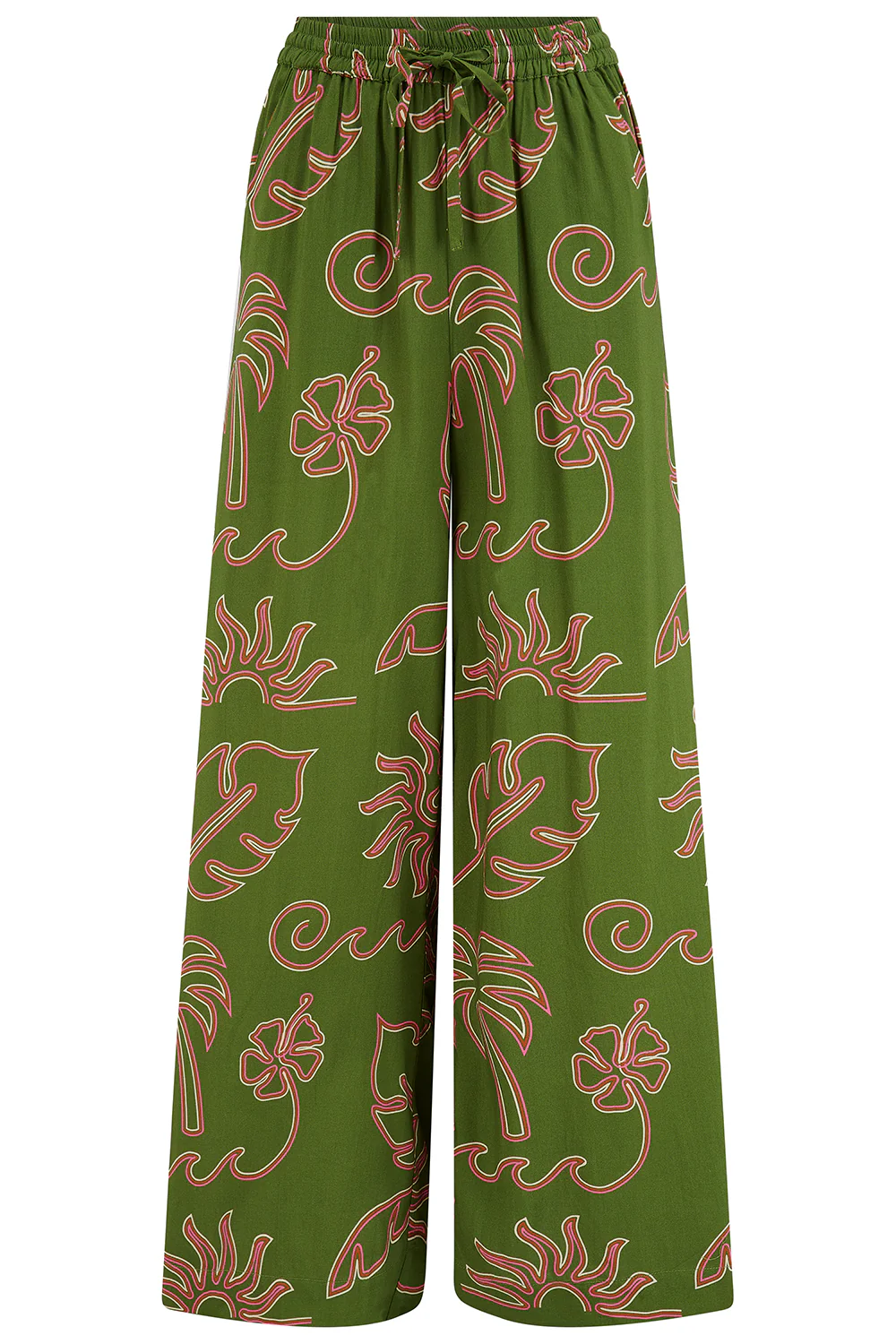 Trinny Wide Leg Trousers - Khaki, Tropical Line Drawing - Image 5