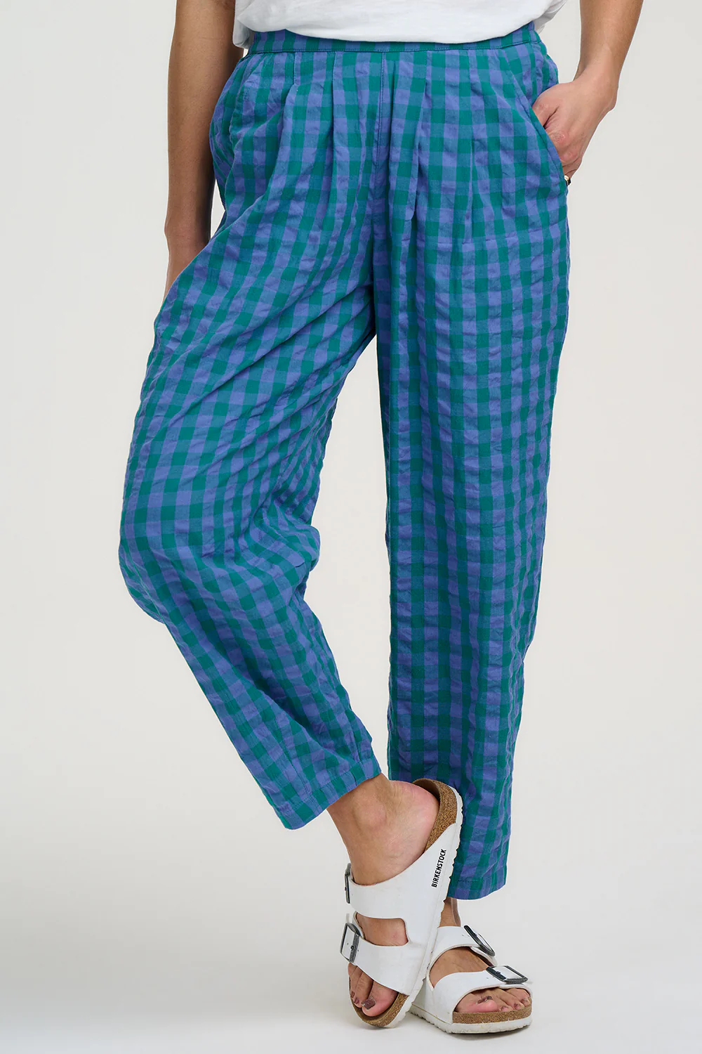 Tyler Barrel Leg Trousers - Blue & Green, Peacock Check