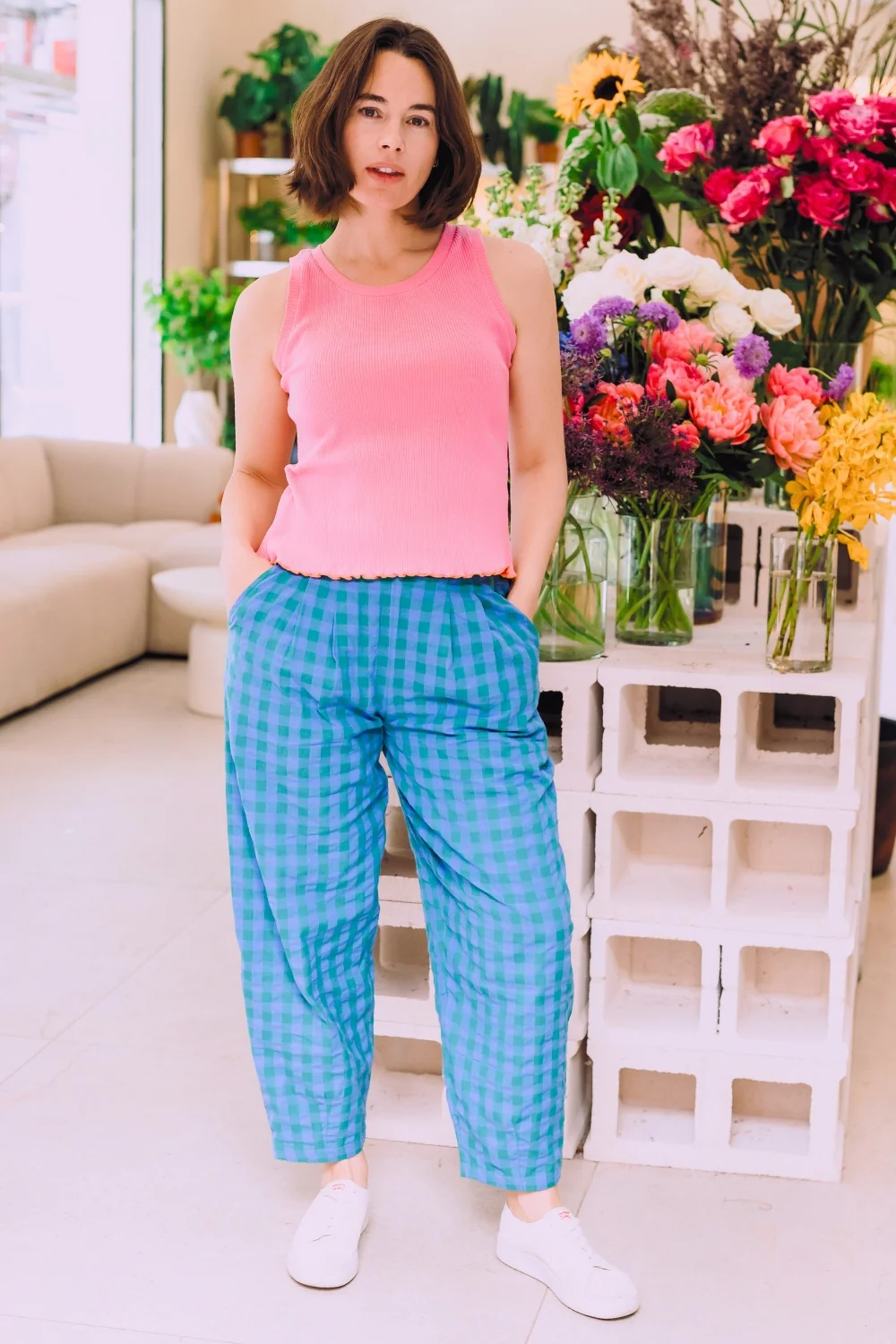 Tyler Barrel Leg Trousers - Blue & Green, Peacock Check - Image 4