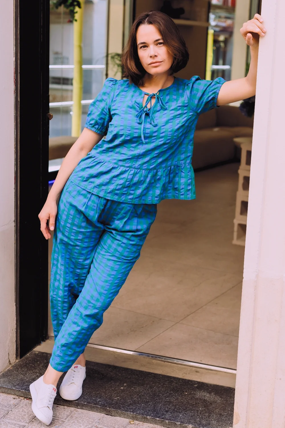 Tyler Barrel Leg Trousers - Blue & Green, Peacock Check - Image 5
