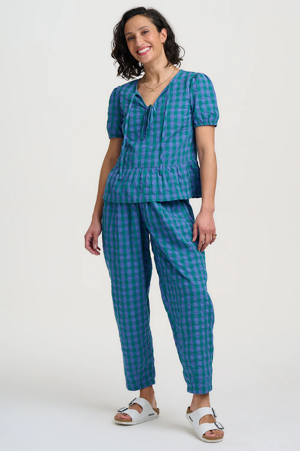 Tyler Barrel Leg Trousers - Blue & Green, Peacock Check - Image 6