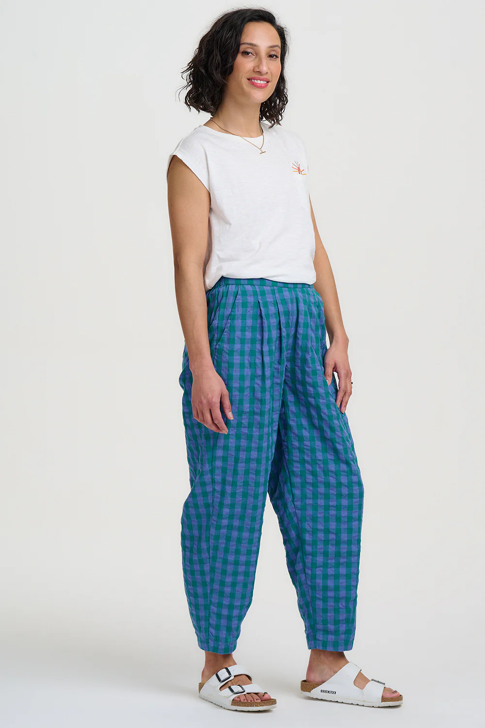Tyler Barrel Leg Trousers - Blue & Green, Peacock Check - Image 7