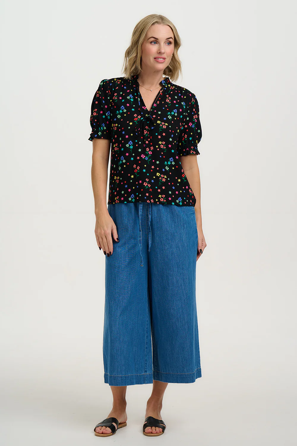 Virginia Shirred Top - Black, Rainbow Sprigs - Image 3