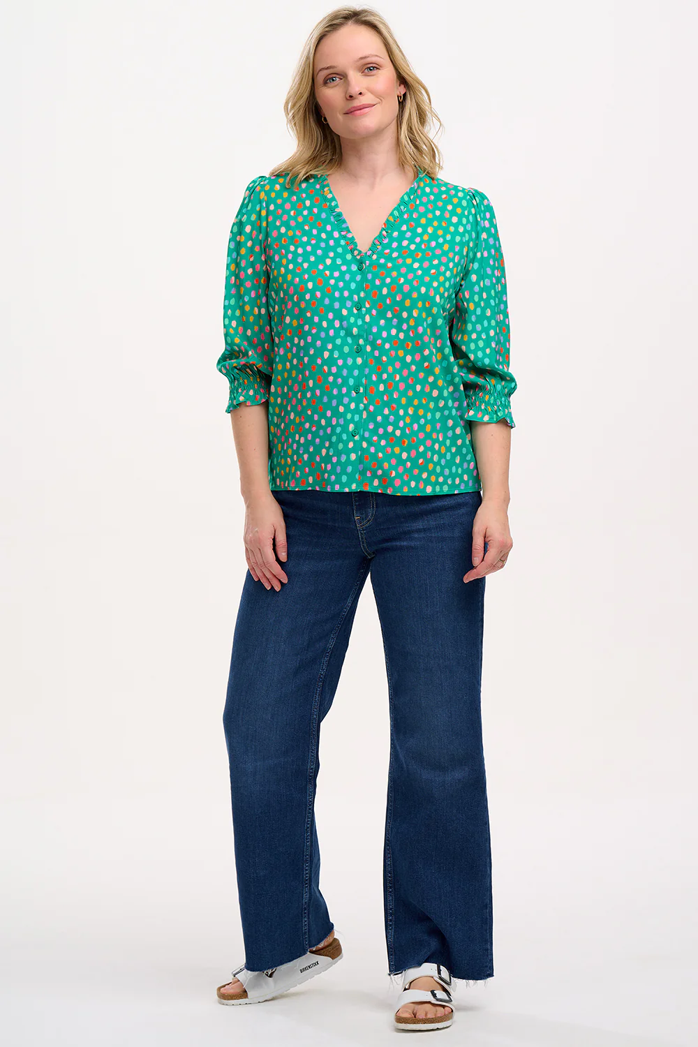 Vivi Frill Blouse - Green, Rainbow Pebbles - Image 3