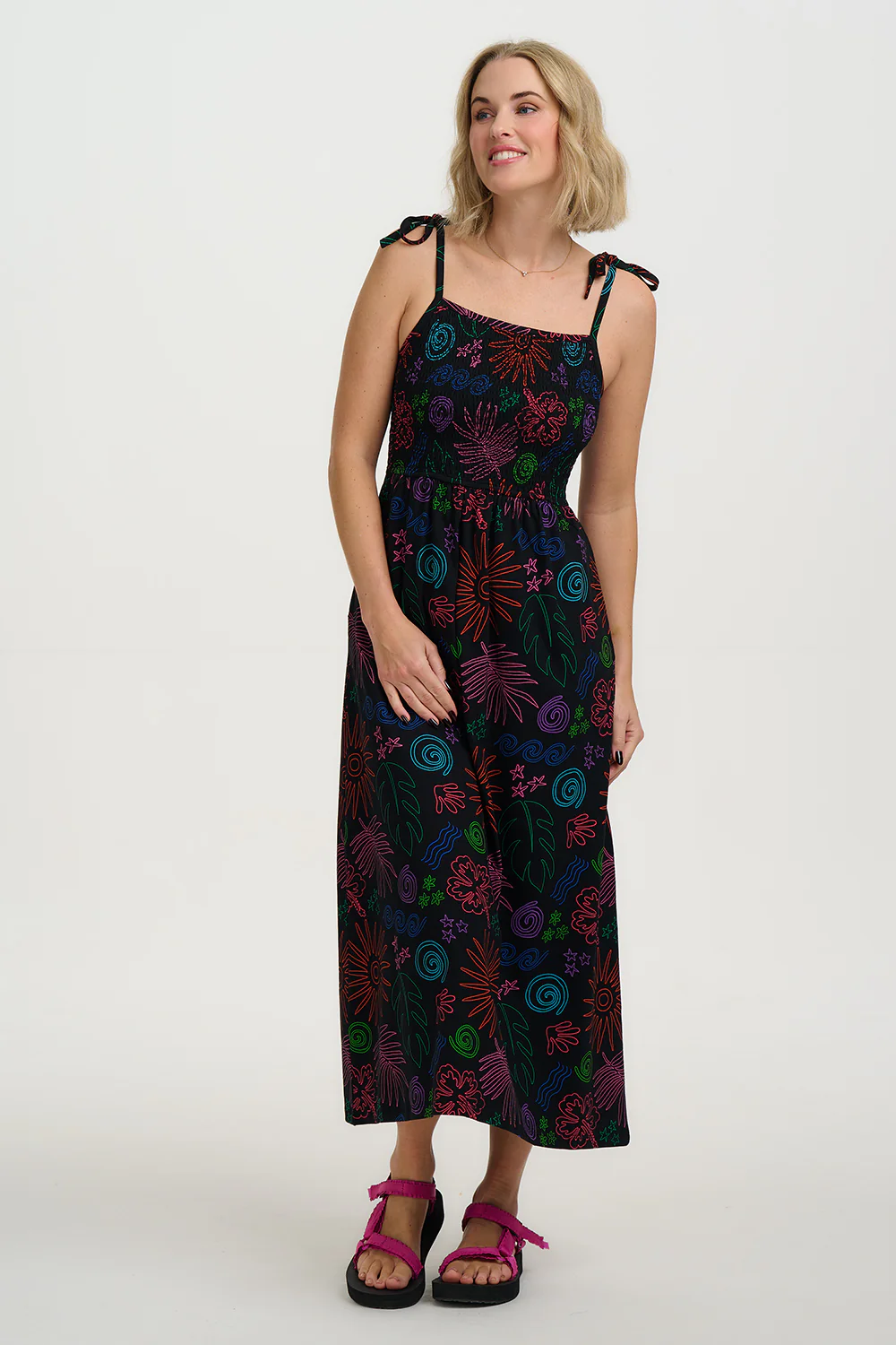 Willa Shirred Jersey Midi Dress - Black, Island Fiesta - Image 3