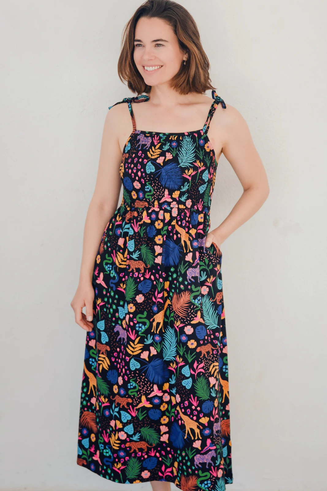 Willa Shirred Jersey Midi Dress - Black/Multi, Jungle Spirit