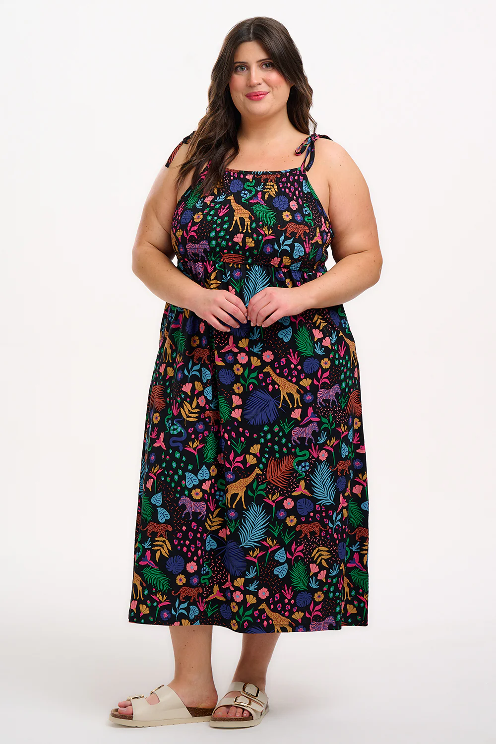 Willa Shirred Jersey Midi Dress - Black/Multi, Jungle Spirit - Image 3