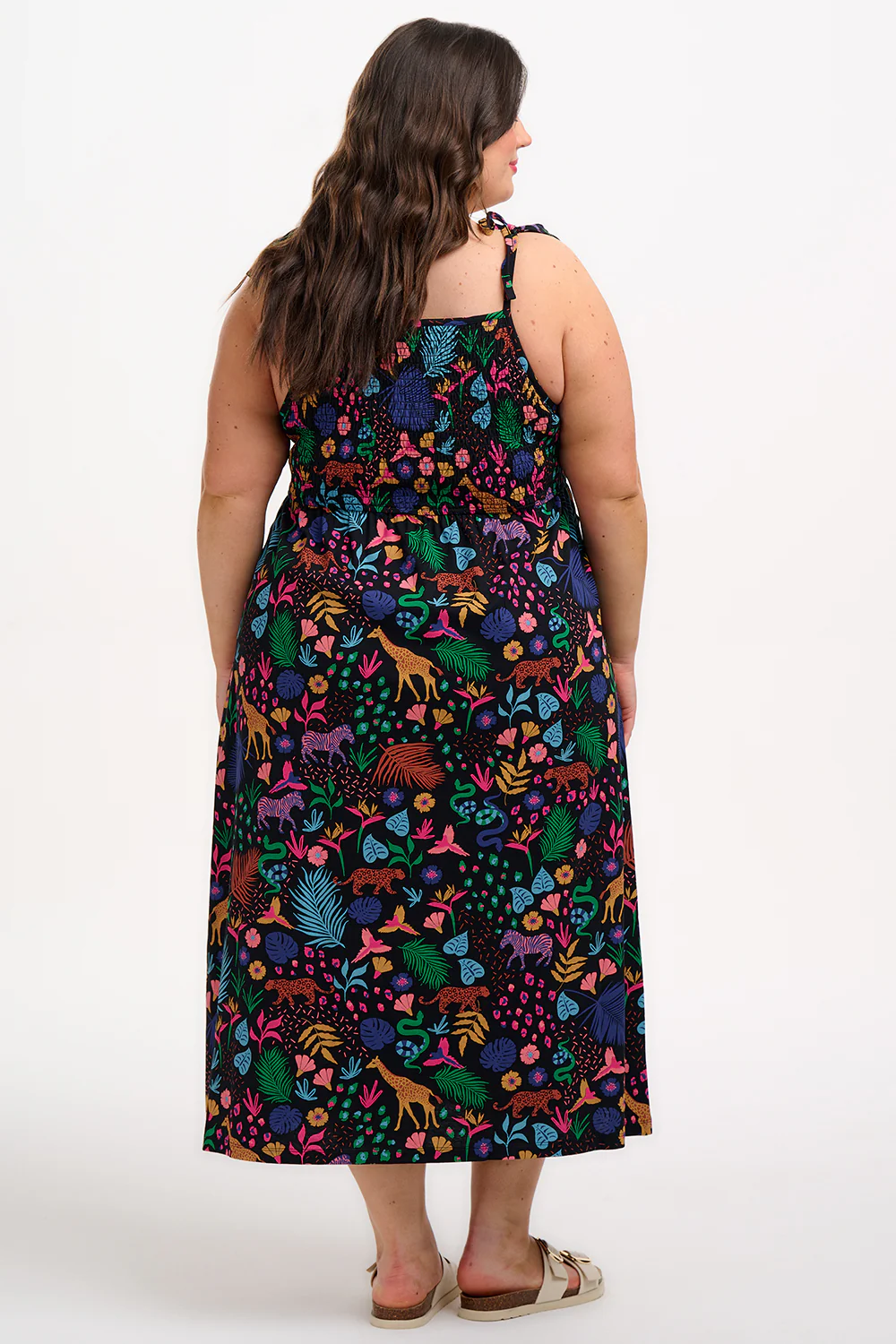 Willa Shirred Jersey Midi Dress - Black/Multi, Jungle Spirit - Image 4