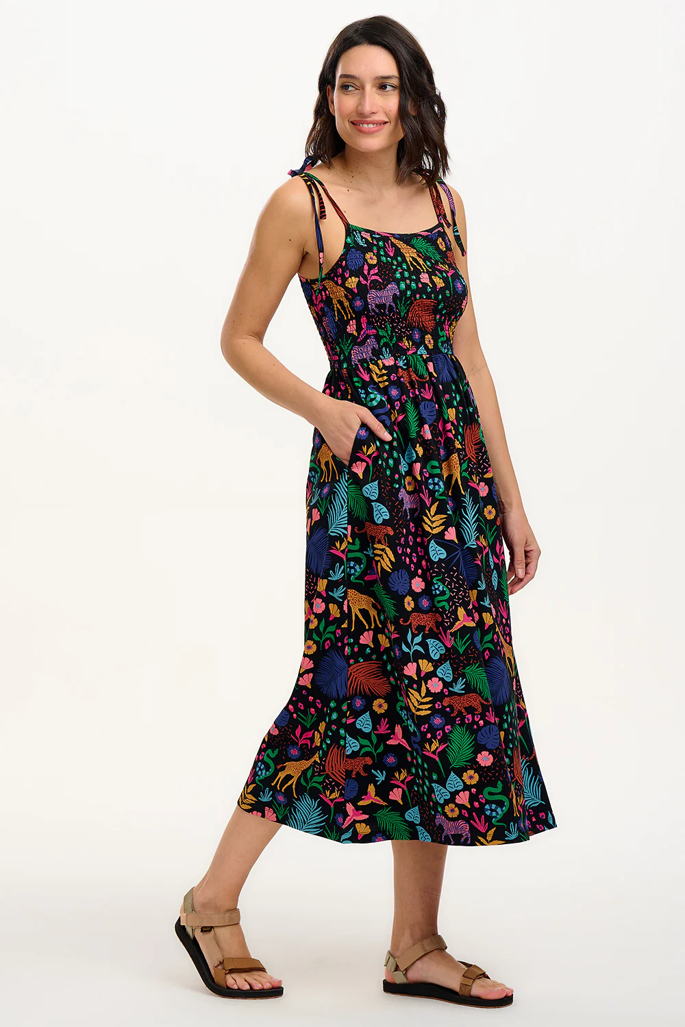 Willa Shirred Jersey Midi Dress - Black/Multi, Jungle Spirit - Image 6
