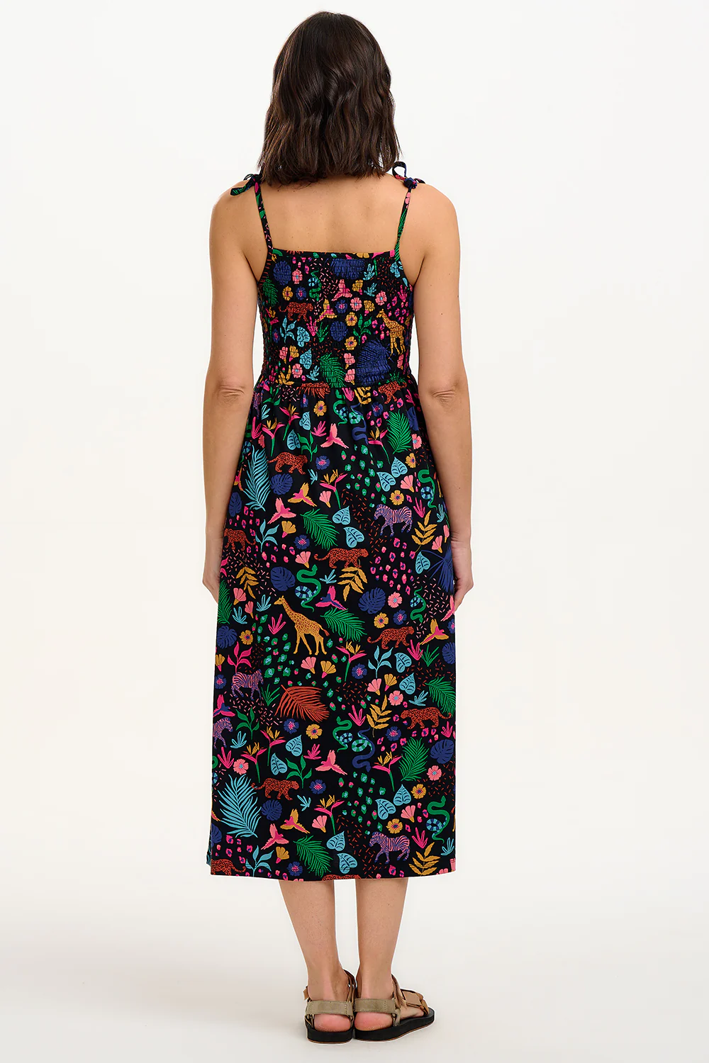 Willa Shirred Jersey Midi Dress - Black/Multi, Jungle Spirit - Image 7