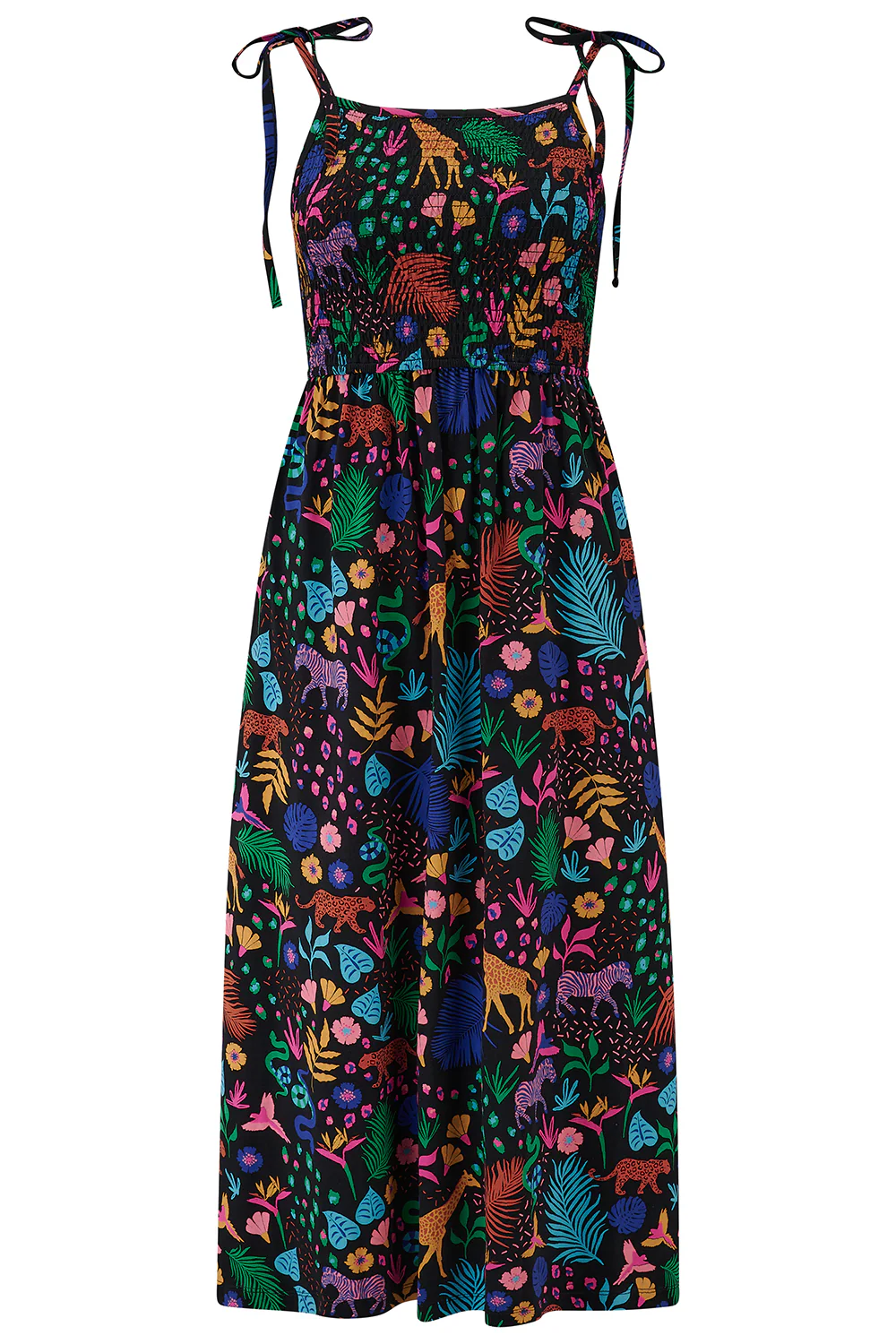 Willa Shirred Jersey Midi Dress - Black/Multi, Jungle Spirit - Image 8