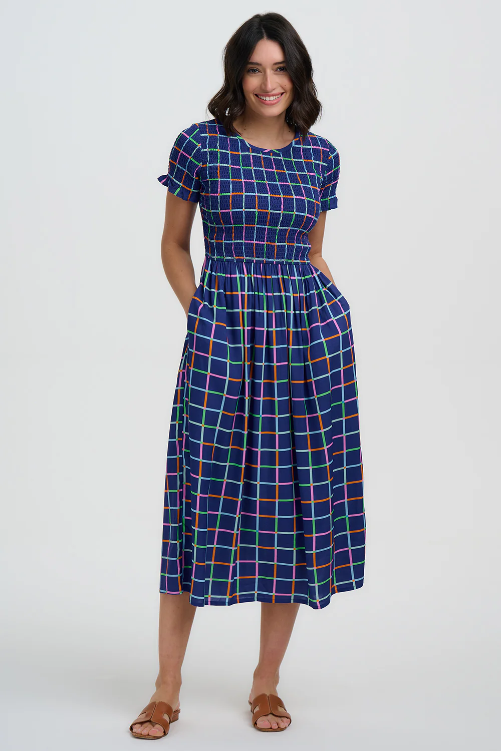 Zamira Shirred Midi Dress - Blue, Matchstick Check