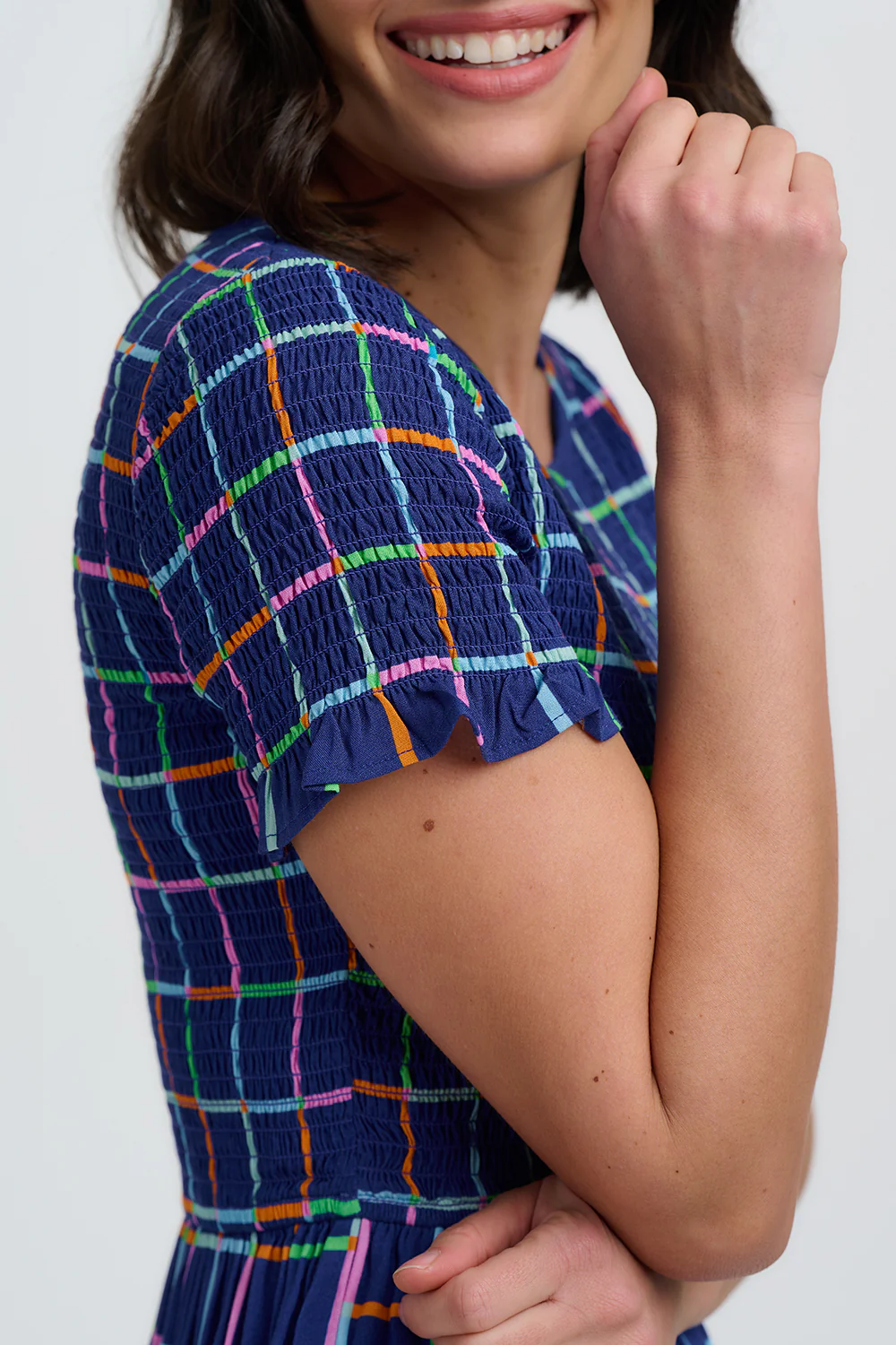 Zamira Shirred Midi Dress - Blue, Matchstick Check - Image 2