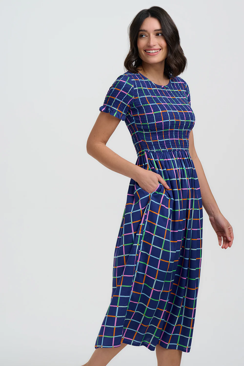 Zamira Shirred Midi Dress - Blue, Matchstick Check - Image 3