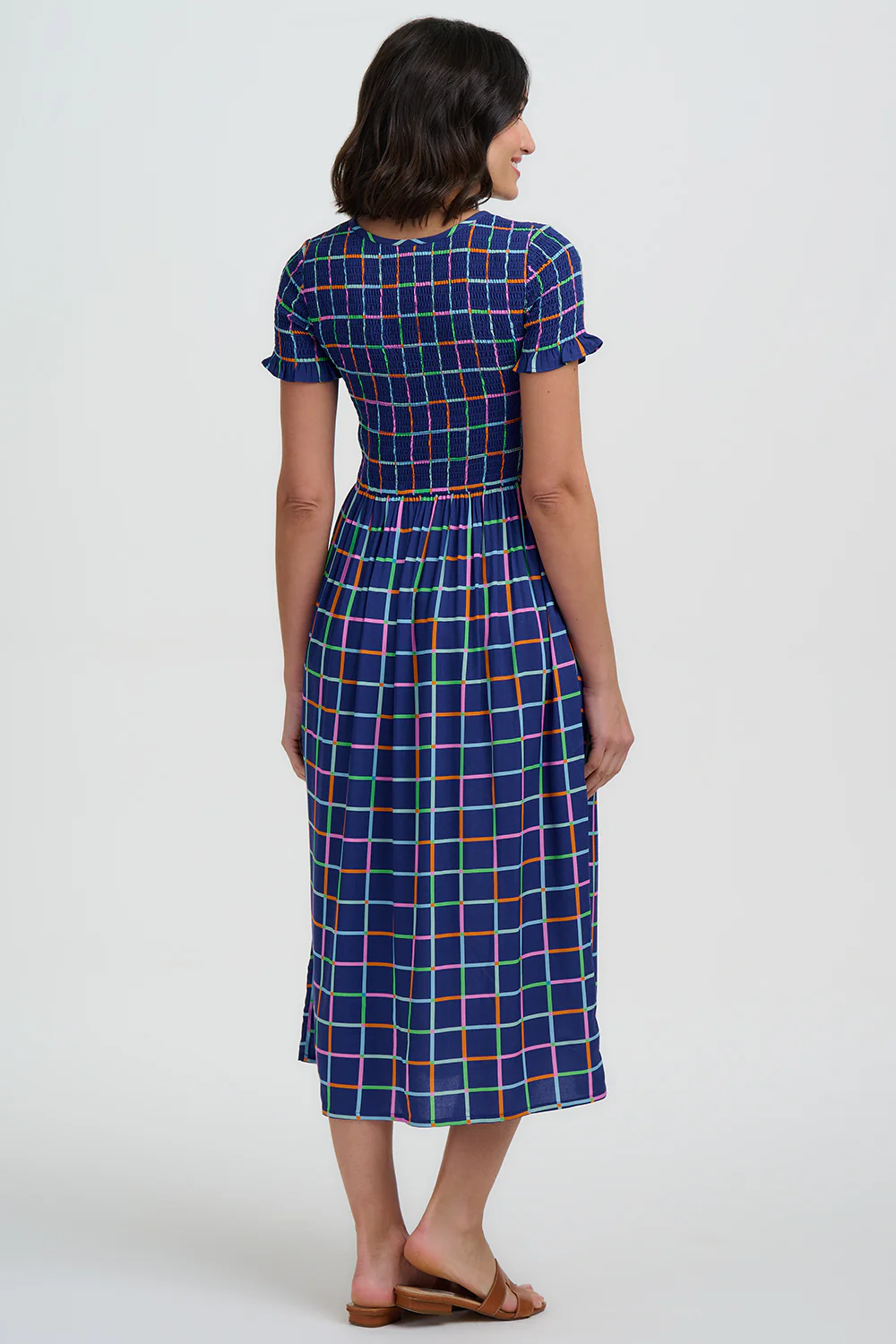 Zamira Shirred Midi Dress - Blue, Matchstick Check - Image 4