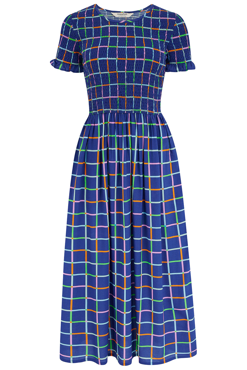 Zamira Shirred Midi Dress - Blue, Matchstick Check - Image 5