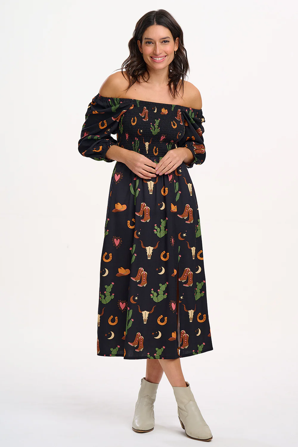Zinnia Midi Shirred Dress - Black, Cowgirl Print - Image 3