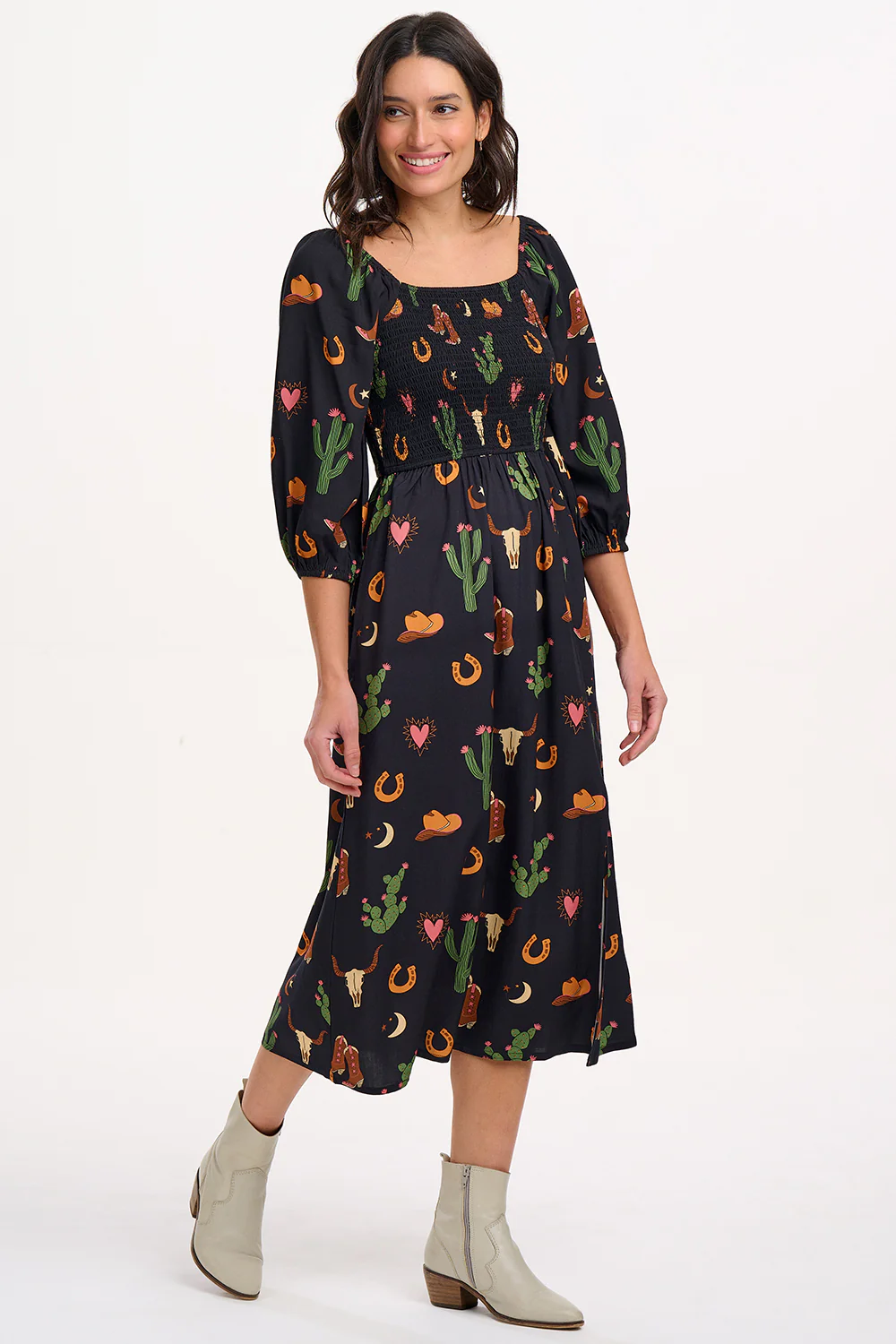 Zinnia Midi Shirred Dress - Black, Cowgirl Print - Image 4