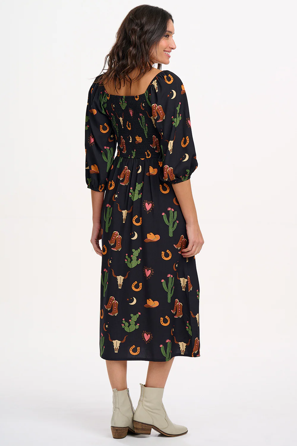 Zinnia Midi Shirred Dress - Black, Cowgirl Print - Image 5