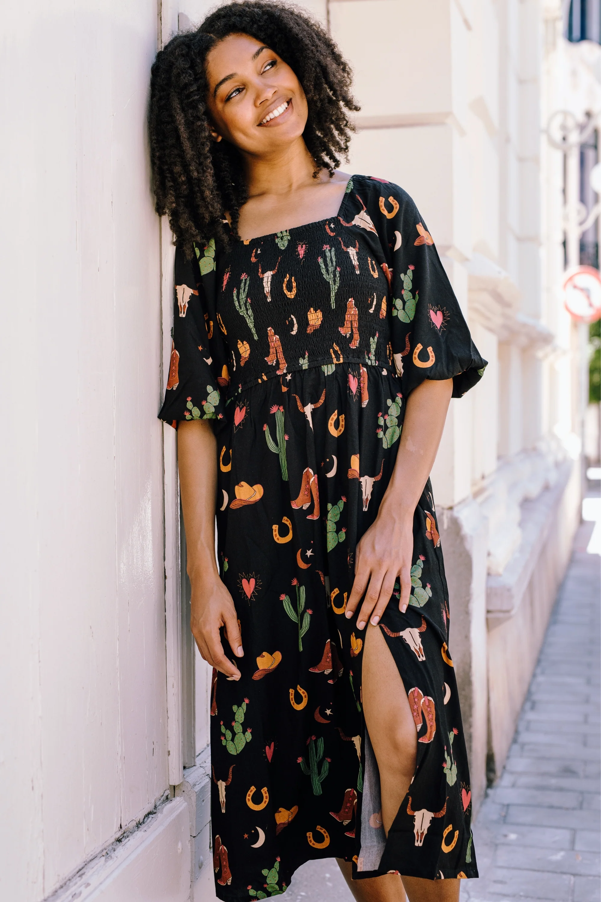 Zinnia Midi Shirred Dress - Black, Cowgirl Print - Image 6