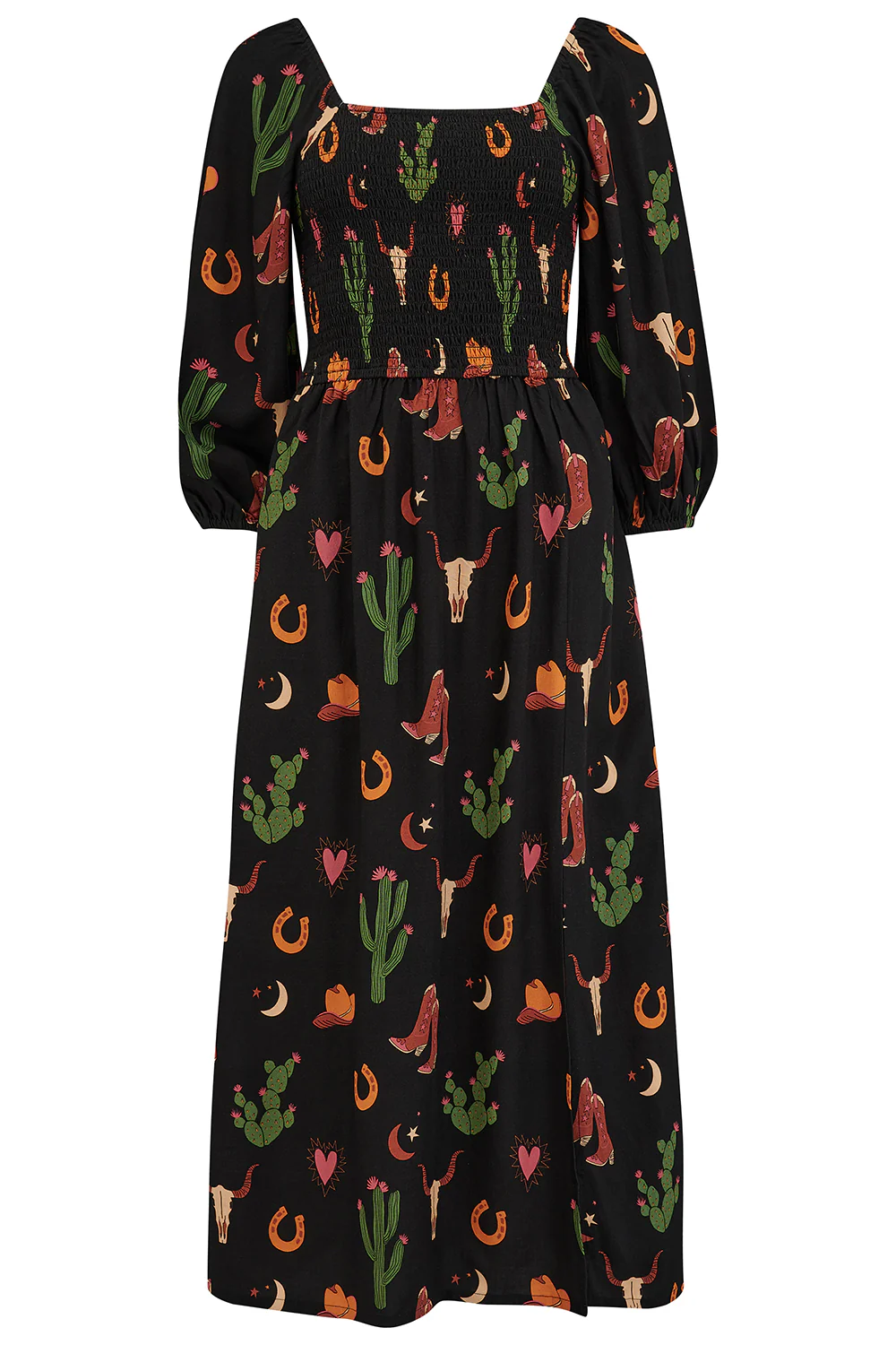 Zinnia Midi Shirred Dress - Black, Cowgirl Print - Image 7